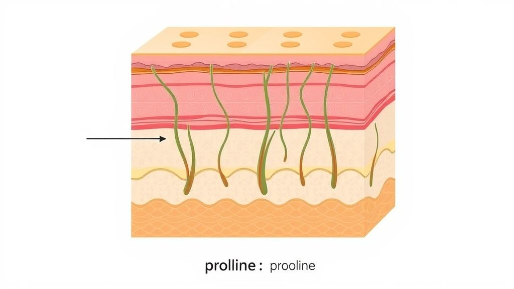 Representação das camadas da pele mostrando como a prolina contribui para a formação de colágeno e sustentação dérmica.