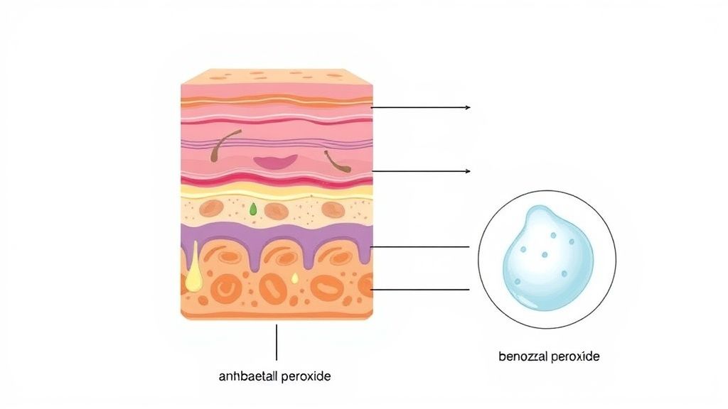 Diagrama mostrando camadas da pele e a ação antibacteriana e seborreguladora do peróxido de benzoíla.