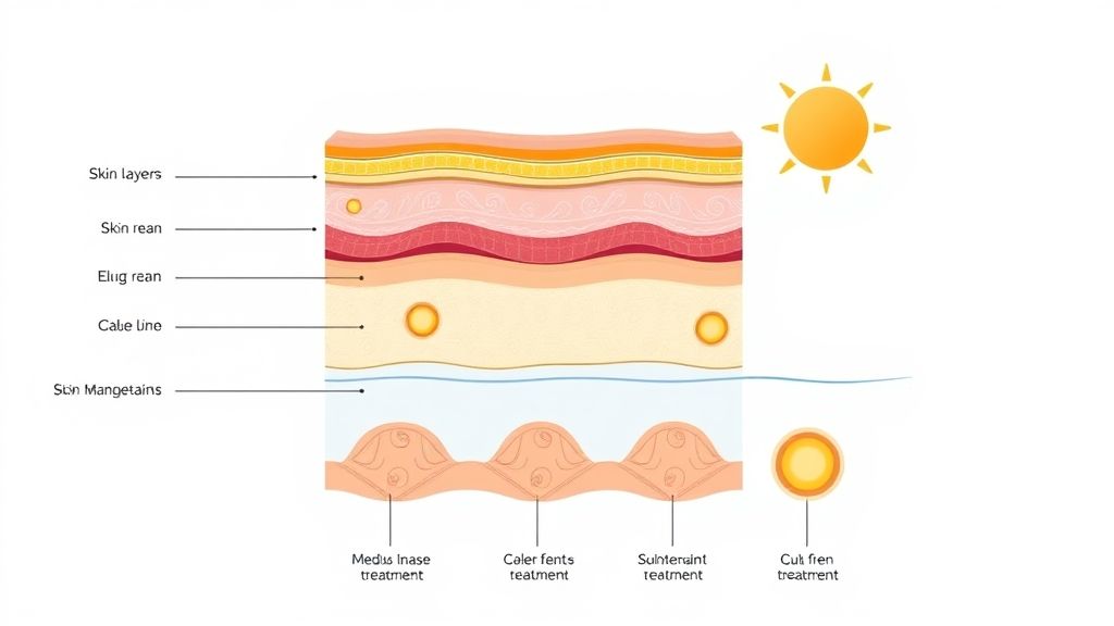 Diagrama mostrando a pele e as áreas de ação dos principais tratamentos estéticos para o verão