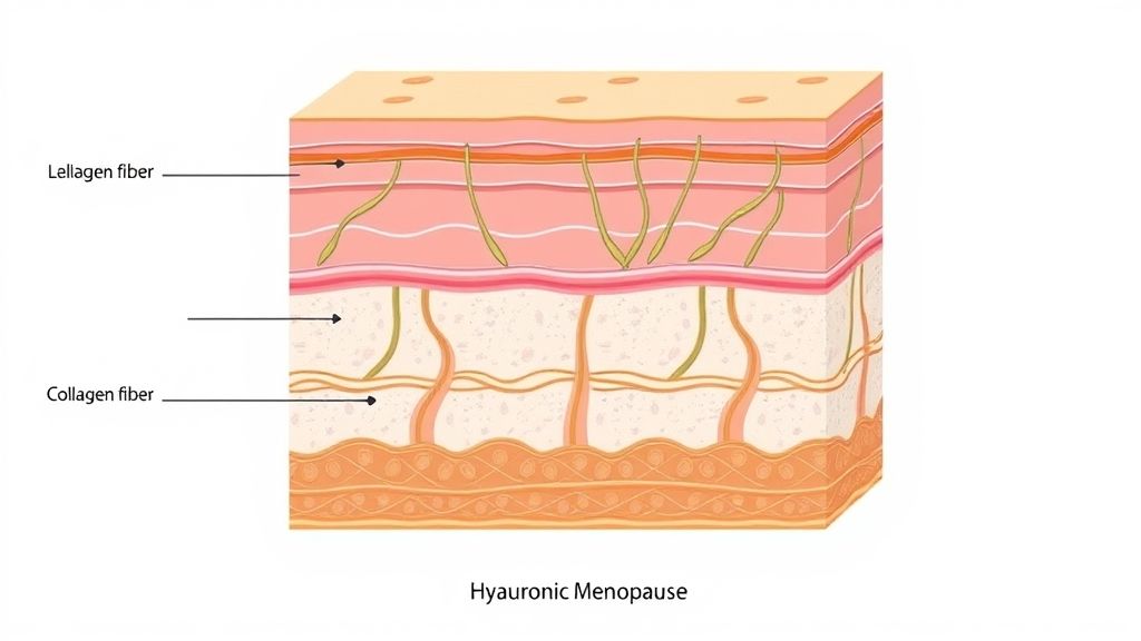 Diagrama mostrando como os ativos do anti-rugas para menopausa atuam nas camadas da pele.
