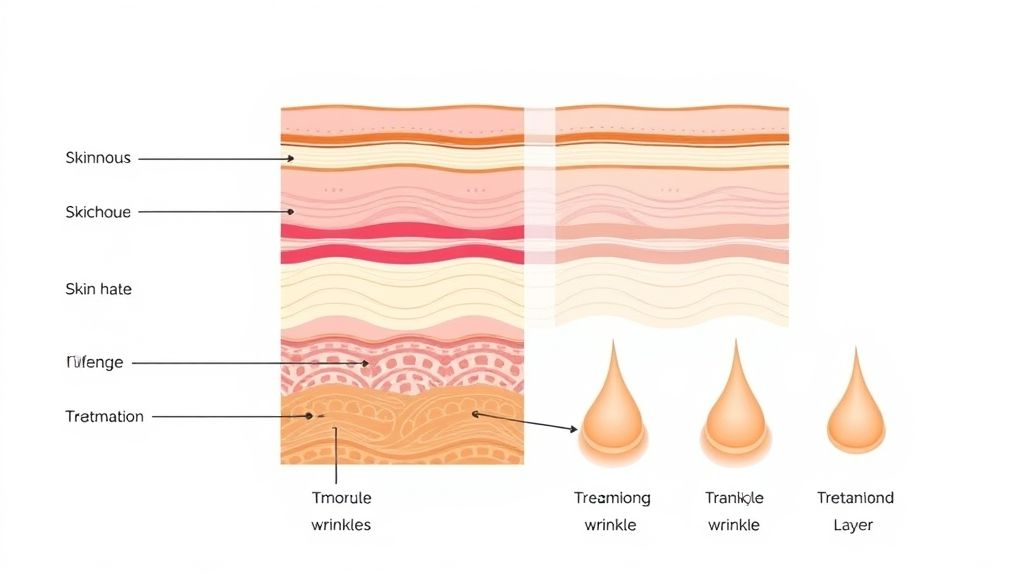 Diagrama mostrando camadas da pele e como os tratamentos agem nas rugas