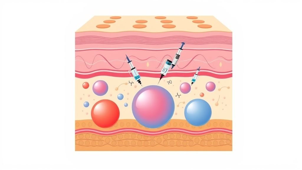 Ilustração mostrando como a aplicação de enzimas age na quebra de gordura localizada na camada subcutânea.