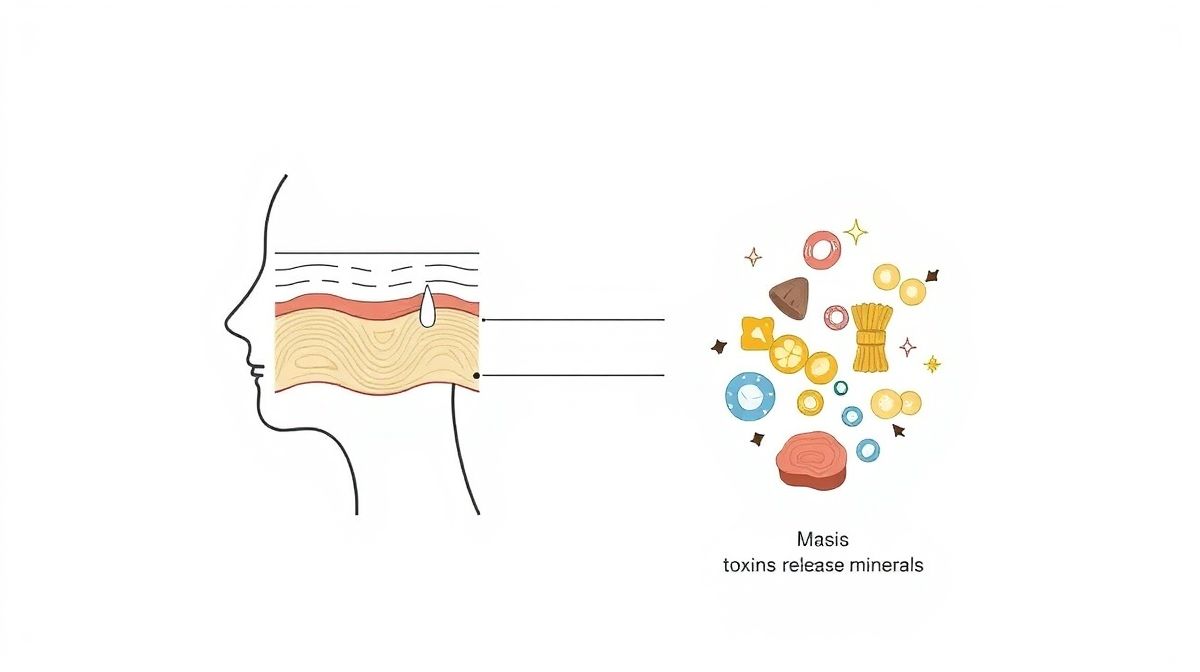 Diagrama mostrando as camadas da pele e a ação da argila absorvendo impurezas e liberando minerais