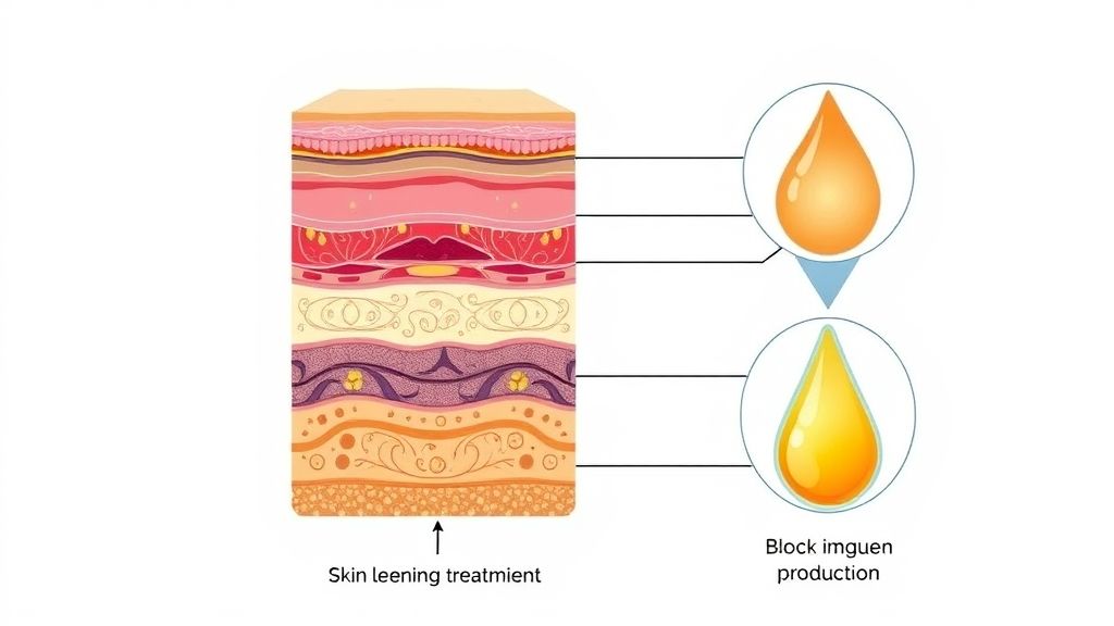 Ilustração mostrando camadas da pele e o efeito do clareador no bloqueio da produção de melanina