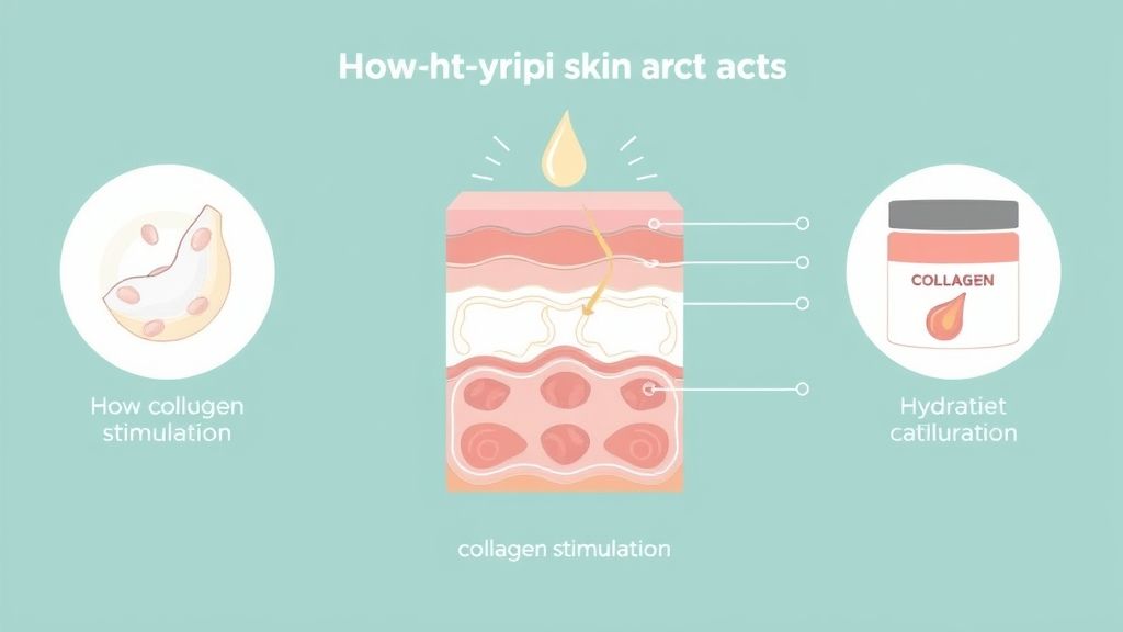 Diagrama mostrando como os cremes para rugas agem nas camadas da pele.
