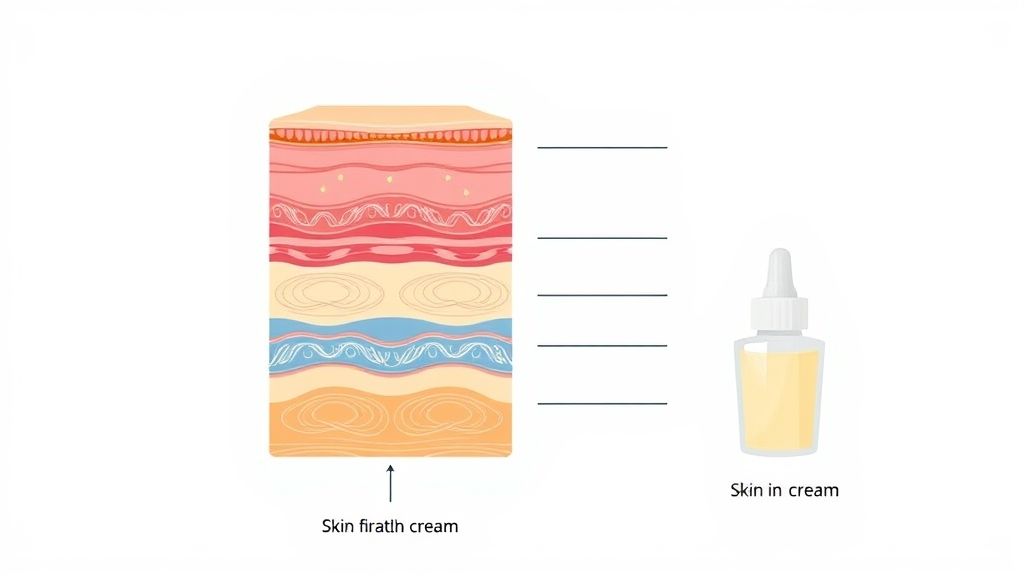 Diagrama mostrando camadas da pele e a ação dos ativos dos cremes para flacidez na produção de colágeno.