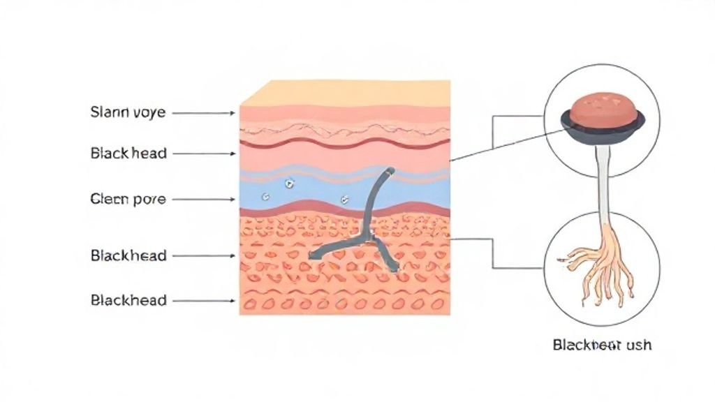 Diagrama mostrando a pele e a remoção dos cravos durante a limpeza de pele.