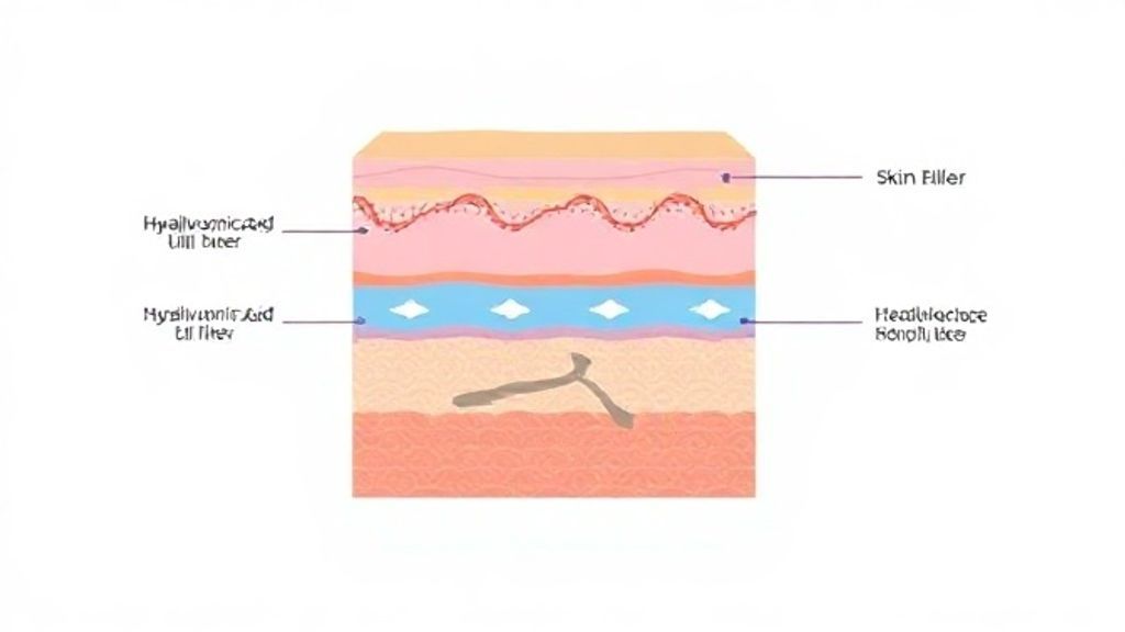 Diagrama mostrando como o ácido hialurônico é aplicado nas camadas da pele.
