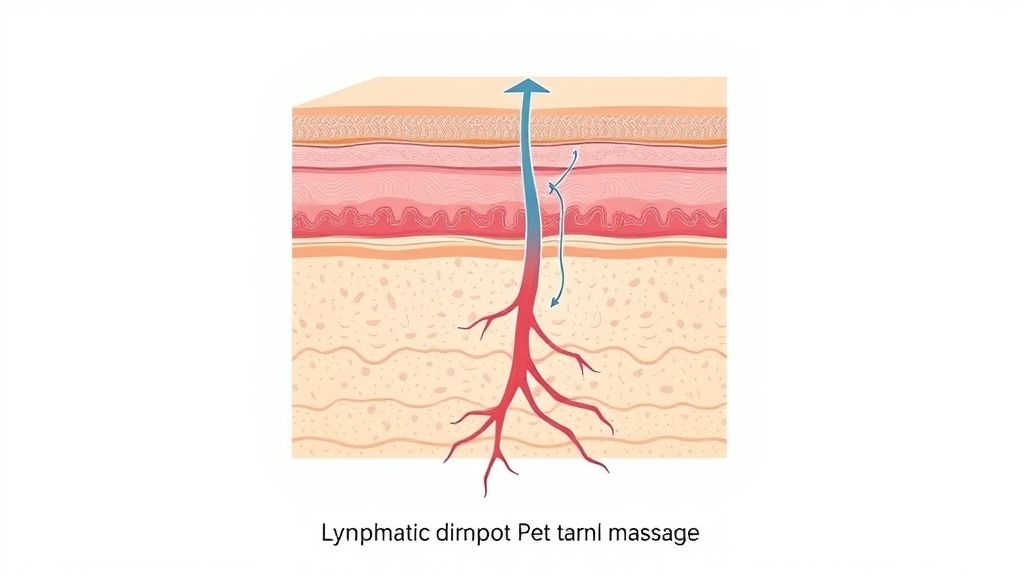 Ilustração anatômica mostrando o fluxo linfático e a ação da drenagem linfática no corpo.