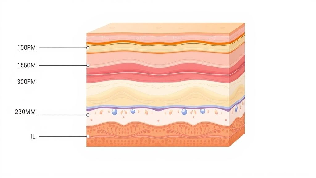 Diagrama mostrando camadas da pele e a ação de diferentes procedimentos aos 35 anos.