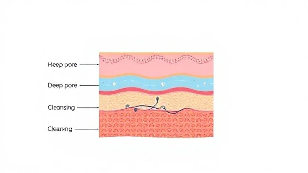 Diagrama mostrando camadas da pele e os efeitos da limpeza de pele na remoção de impurezas e desobstrução dos poros