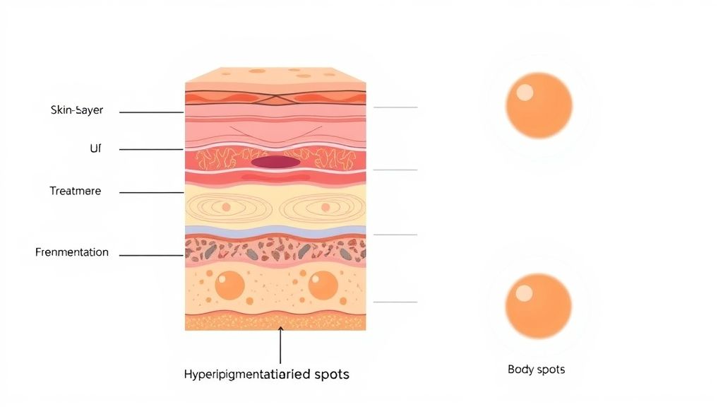 Diagrama mostrando as camadas da pele e como ocorre a formação e tratamento das manchas corporais