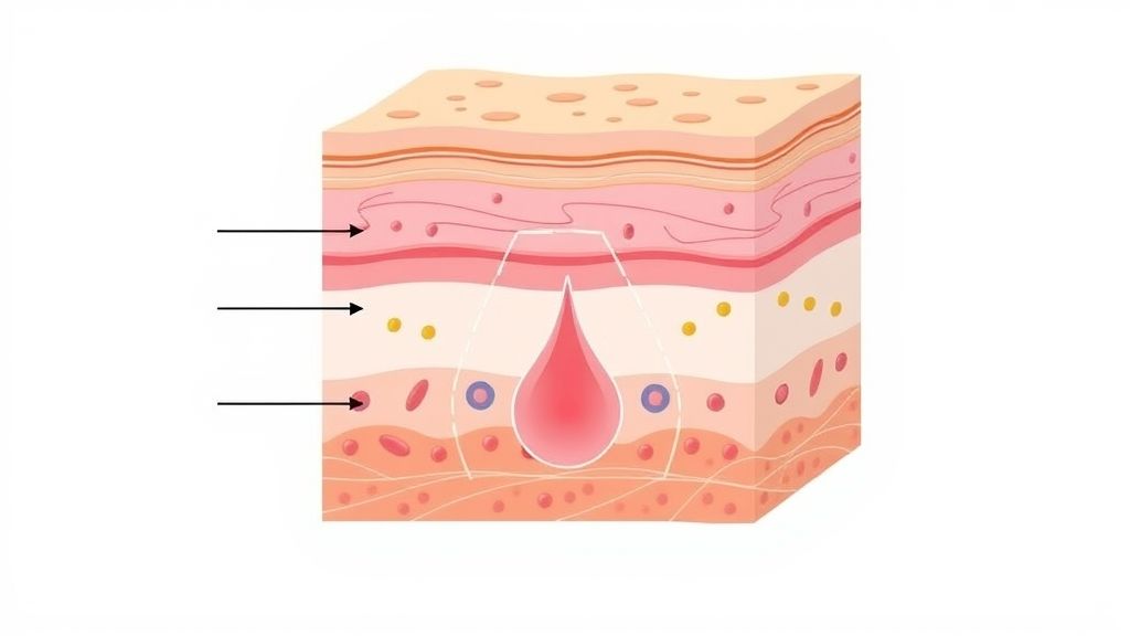 Ilustração mostrando os efeitos das pomadas para espinha nas camadas da pele.
