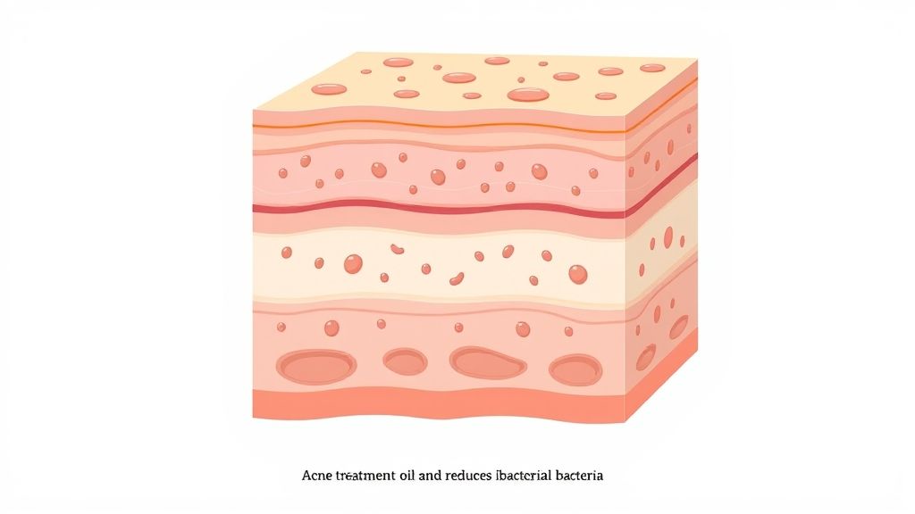 Ilustração mostrando ação dos medicamentos para espinhas nas camadas da pele, reduzindo a oleosidade e inflamação