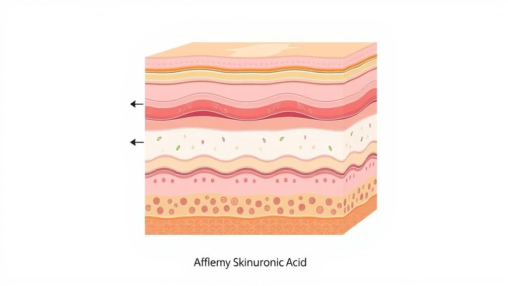 Diagrama mostrando a aplicação do ácido hialurônico e sua ação hidratante na pele através do skinbooster