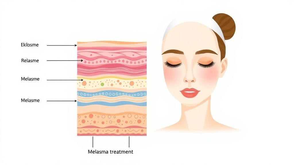 Diagrama mostrando a ação do tratamento para melasma nas camadas da pele.