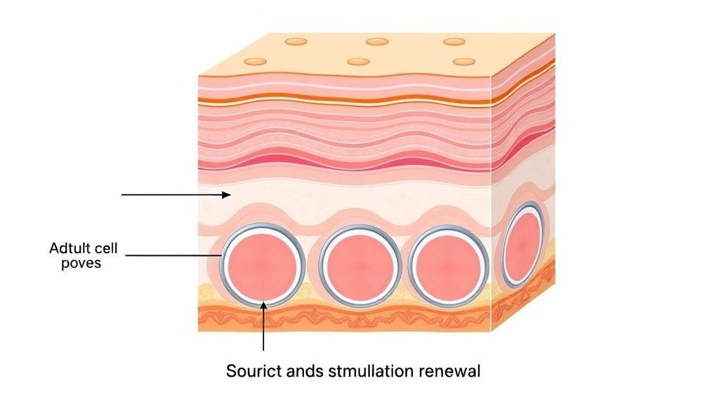 Diagrama mostrando como o Vitacid age sobre a acne e a renovação celular da pele