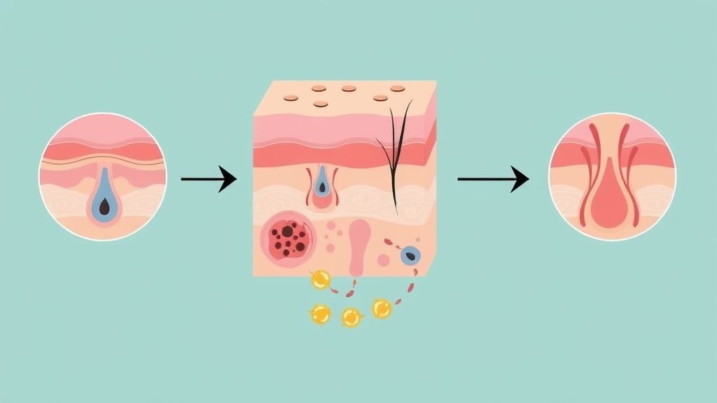 Diagrama mostrando a obstrução do folículo piloso e a formação da acne.