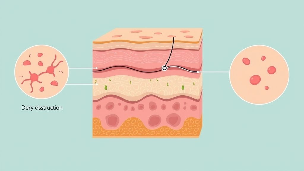 Diagrama mostrando como a desidratação e a inflamação coexistem na pele seca com acne