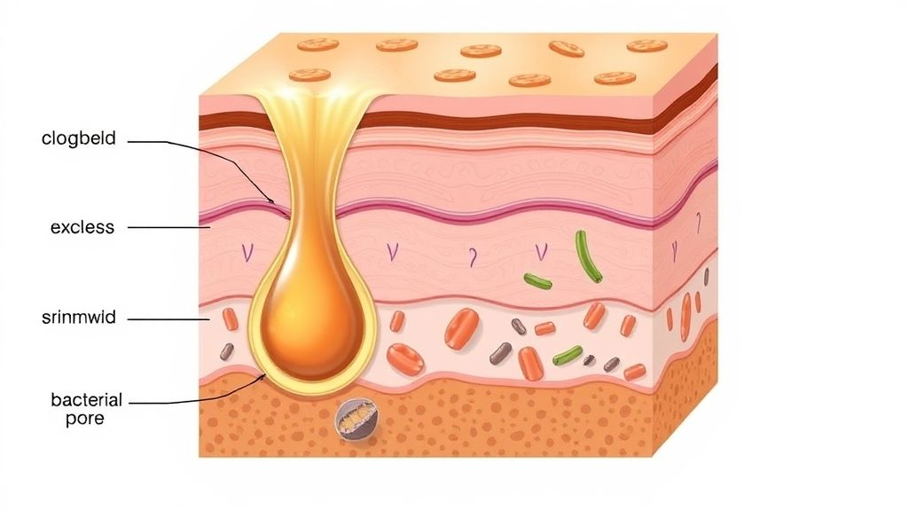 Diagrama mostrando a obstrução dos poros e a inflamação típica da acne adulta.