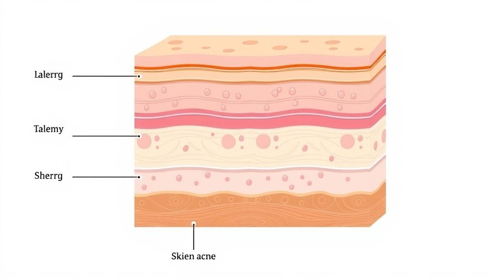 Diagrama mostrando as camadas da pele e a ação dos tratamentos para tirar manchas de espinhas do rosto