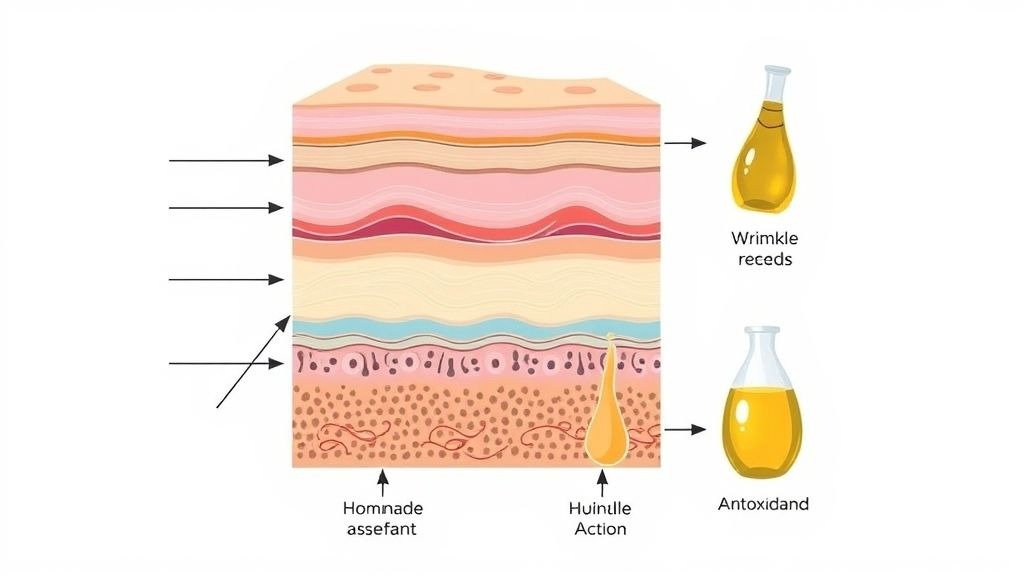 Diagrama mostrando camadas da pele e a ação antioxidante e hidratante dos remédios caseiros para rugas