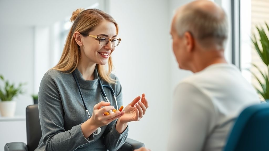 Nutricionista em consultório explicando o uso apropriado da prolina para melhora da saúde da pele e articulações.