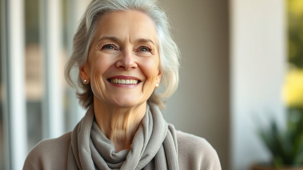 Mulher de 60+ sorridente com pele saudável e firme após uso de anti-rugas para menopausa.