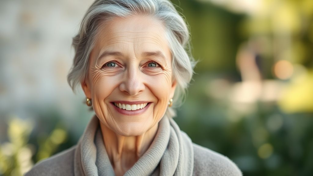 Mulher madura sorridente, com pele viçosa e aspecto rejuvenescido após o uso de cremes para rugas.