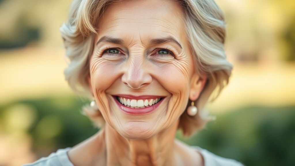 Mulher madura (60+) sorridente e confiante com contorno facial definido após sessões de enzima para papada.