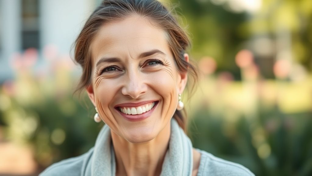 Mulher adulta sorridente com pele limpa e saudável, representando a melhora após o uso de peróxido de benzoíla.