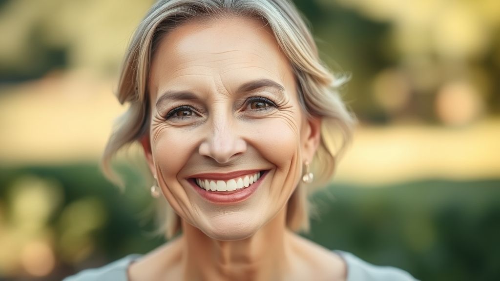 Mulher madura sorrindo com pele visivelmente mais saudável e uniforme após tratamento de pústula