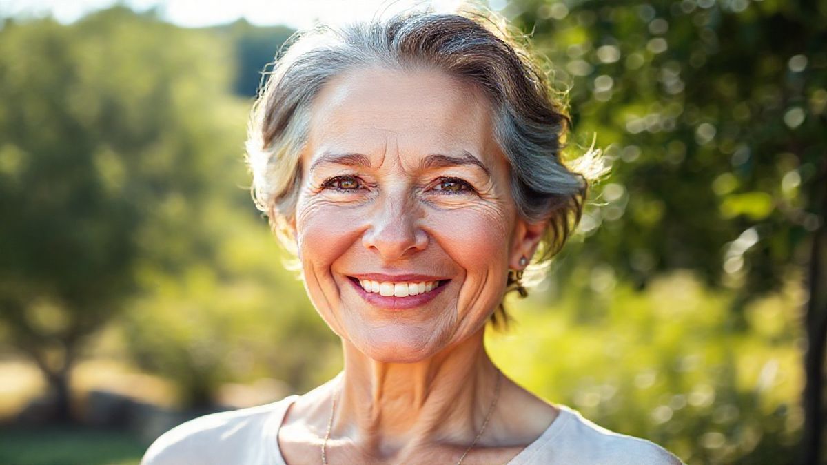 Mulher madura sorrindo e com pele uniforme após meses de uso consistente do protetor solar para melasma.