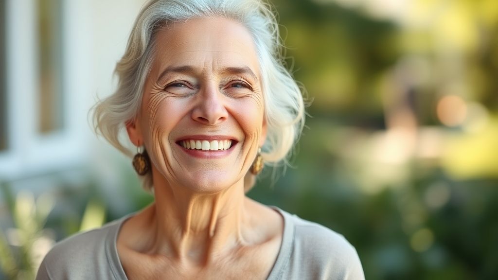 Mulher de 60+ sorridente com pele viçosa e saudável, representando os resultados de longo prazo dos cuidados com a pele ao tomar sol.