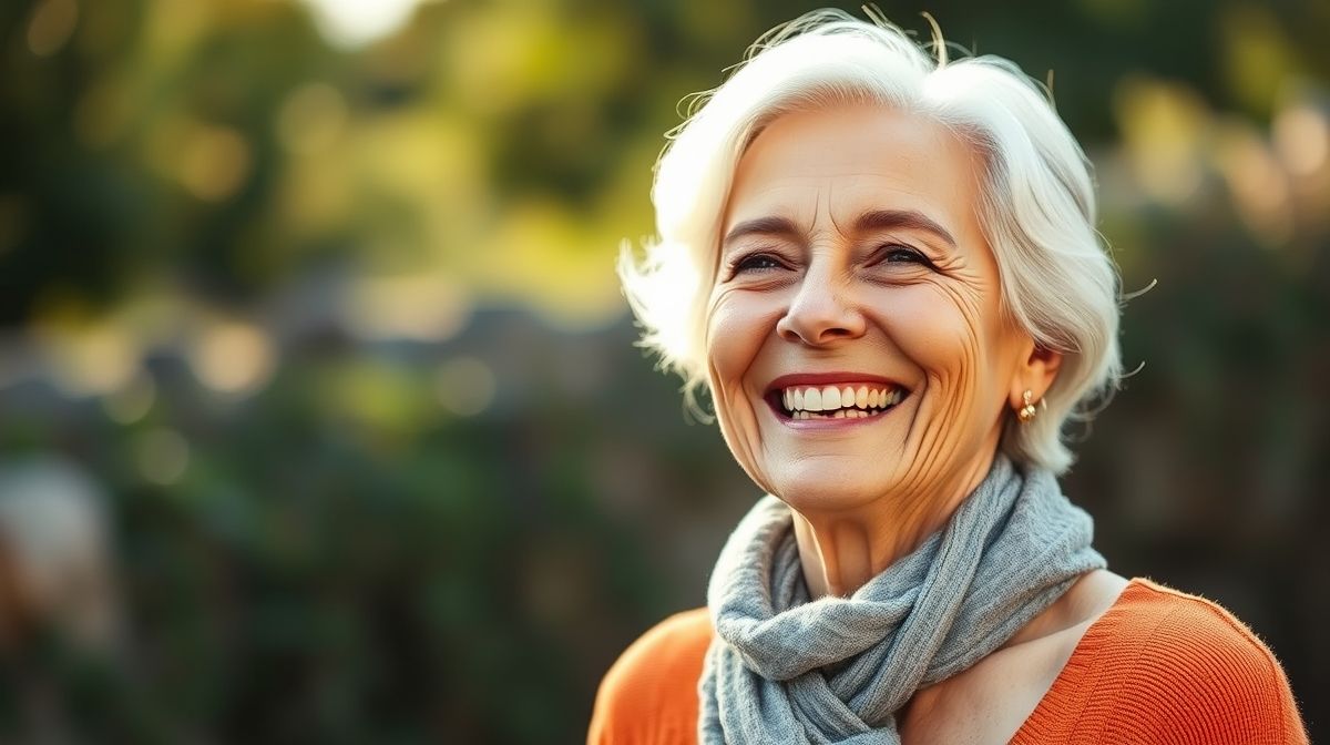 Mulher de 60+ sorrindo, com pele saudável e luminosa, demonstrando os resultados do tratamento com argila