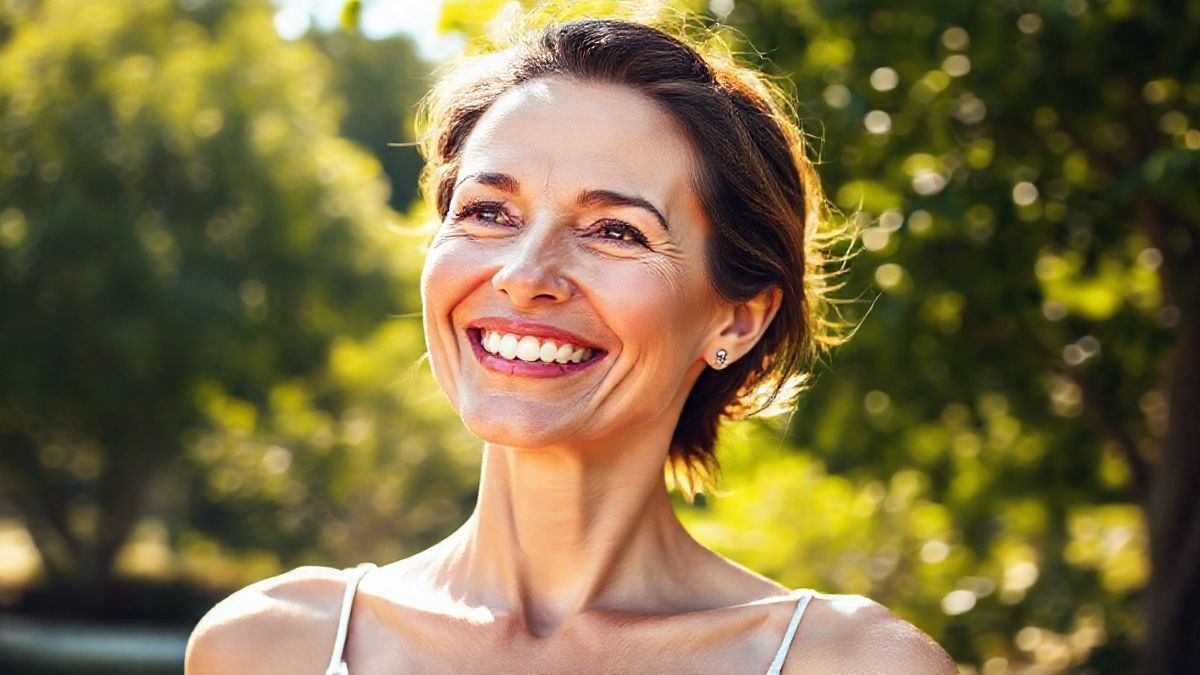 Mulher sorridente com ombros mais delicados e aparência rejuvenescida após o tratamento