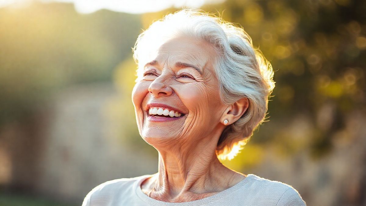 Mulher acima de 60 anos sorrindo com aparência saudável e relaxada, representando os resultados de bem-estar do botox para bruxismo