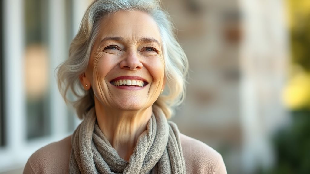 Mulher madura sorrindo e mostrando pele viçosa e firme após uso de creme para flacidez.