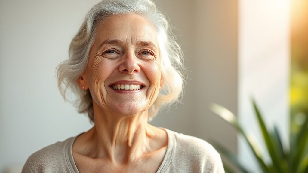 Mulher de 60+ sorridente e leve, mostrando os efeitos de alívio e bem-estar da drenagem linfática.