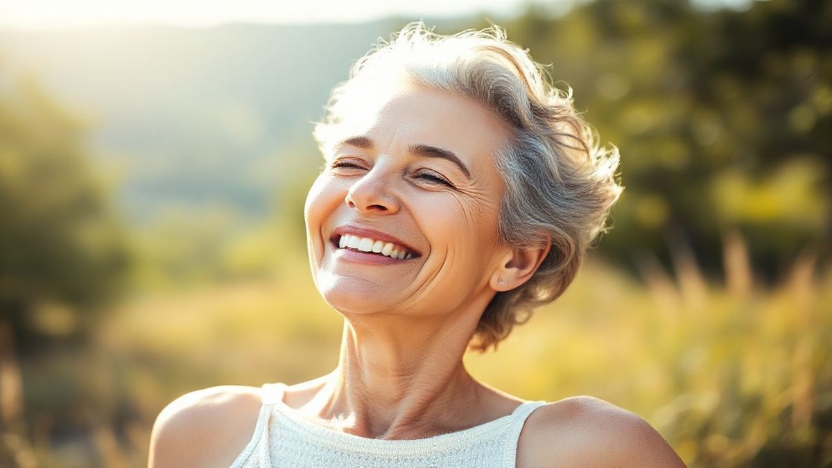 Mulher sorridente com pele uniforme e luminosa após cuidados com esfoliante.