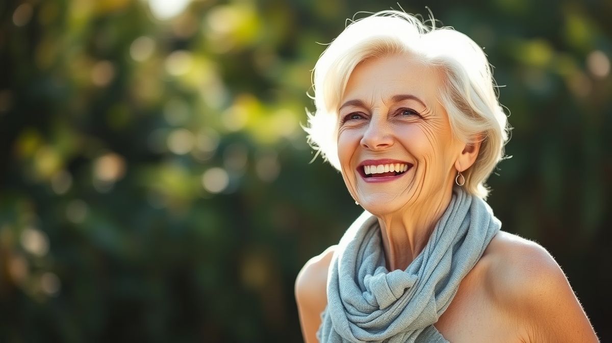 Mulher de 60+ sorrindo, com pele saudável e firme, representando os resultados da estética regenerativa