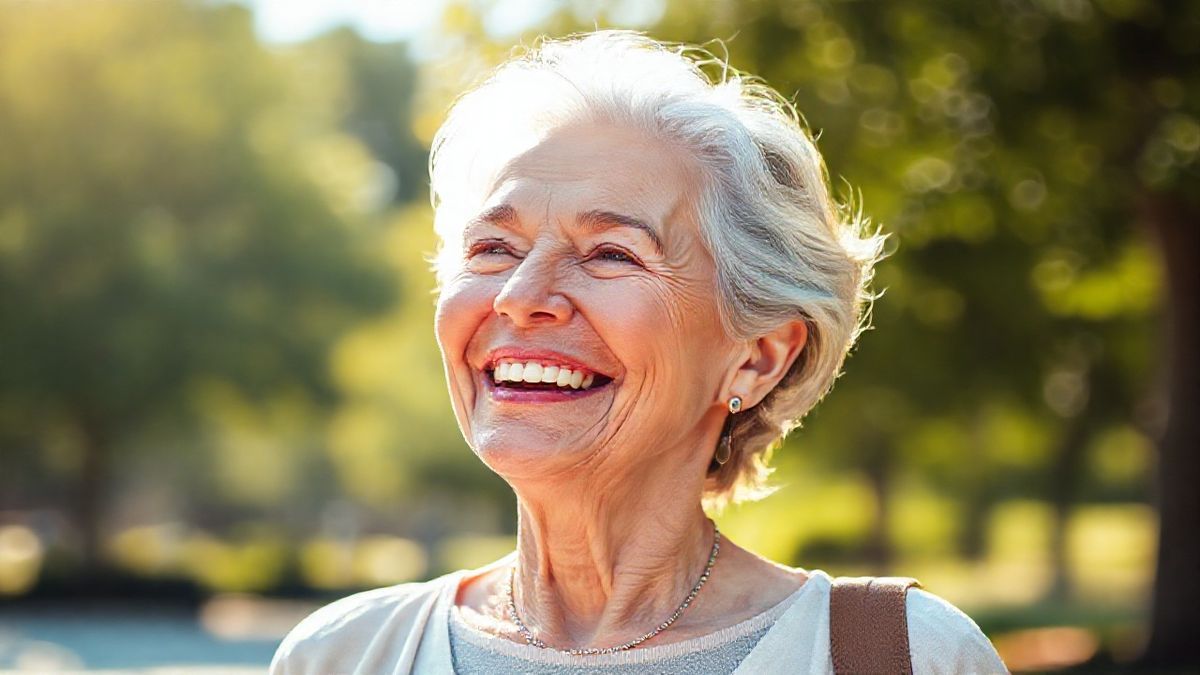 Mulher de 60+ com pele saudável e aparência rejuvenescida após tratamento com exossomos, transmitindo bem-estar.