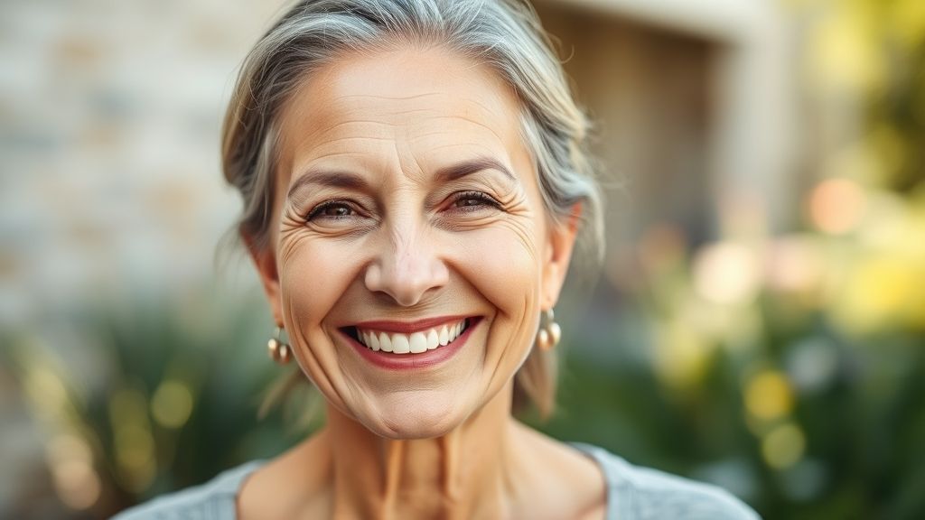 Mulher madura sorrindo com pele viçosa após fazer a limpeza de pele com extração de cravos.