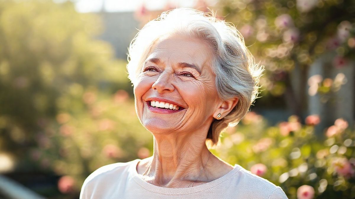Mulher madura sorrindo com pele uniforme após tratamento para melasma