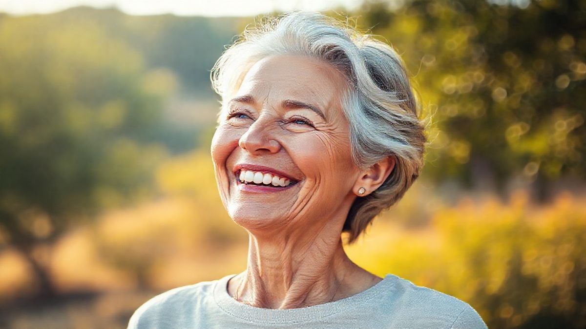 Mulher de 60+ sorridente com pele saudável, mostrando os benefícios e bem-estar após o microbotox