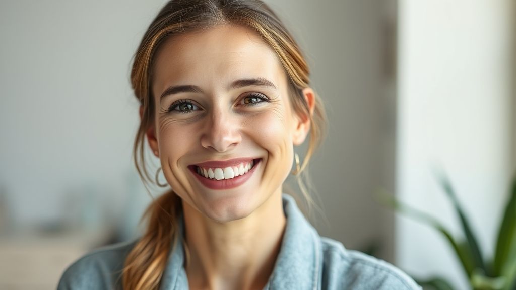 Mulher acima de 30 anos sorridente, com pele uniforme e saudável após o uso de pomadas para espinha.