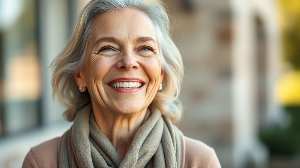 Mulher madura sorrindo com pele firme e natural após preenchimento.