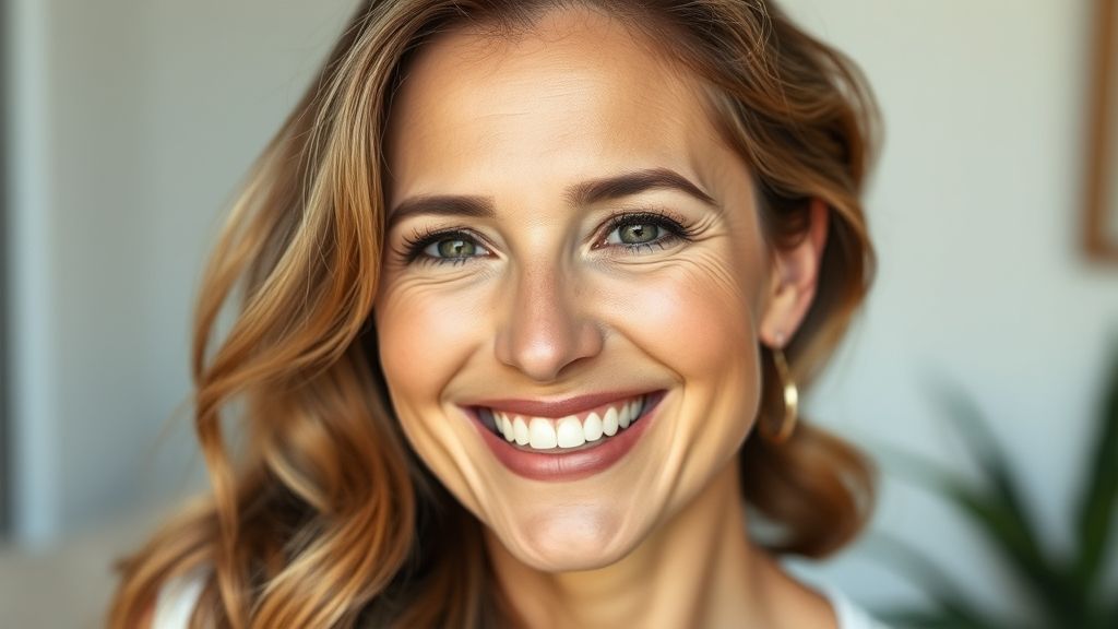 Mulher de 35+ após tratamento, sorrindo e com pele rejuvenescida, transmitindo bem-estar.