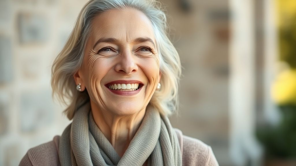 Mulher de 60+ com pele firme e sorriso radiante, demonstrando rejuvenescimento facial após radiofrequência.