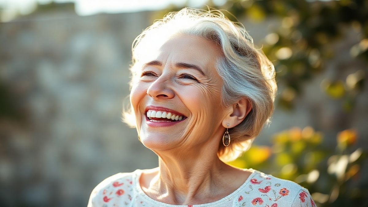 Mulher 60+ sorridente, com pele renovada e saudável, destacando os resultados do tratamento com retinal.